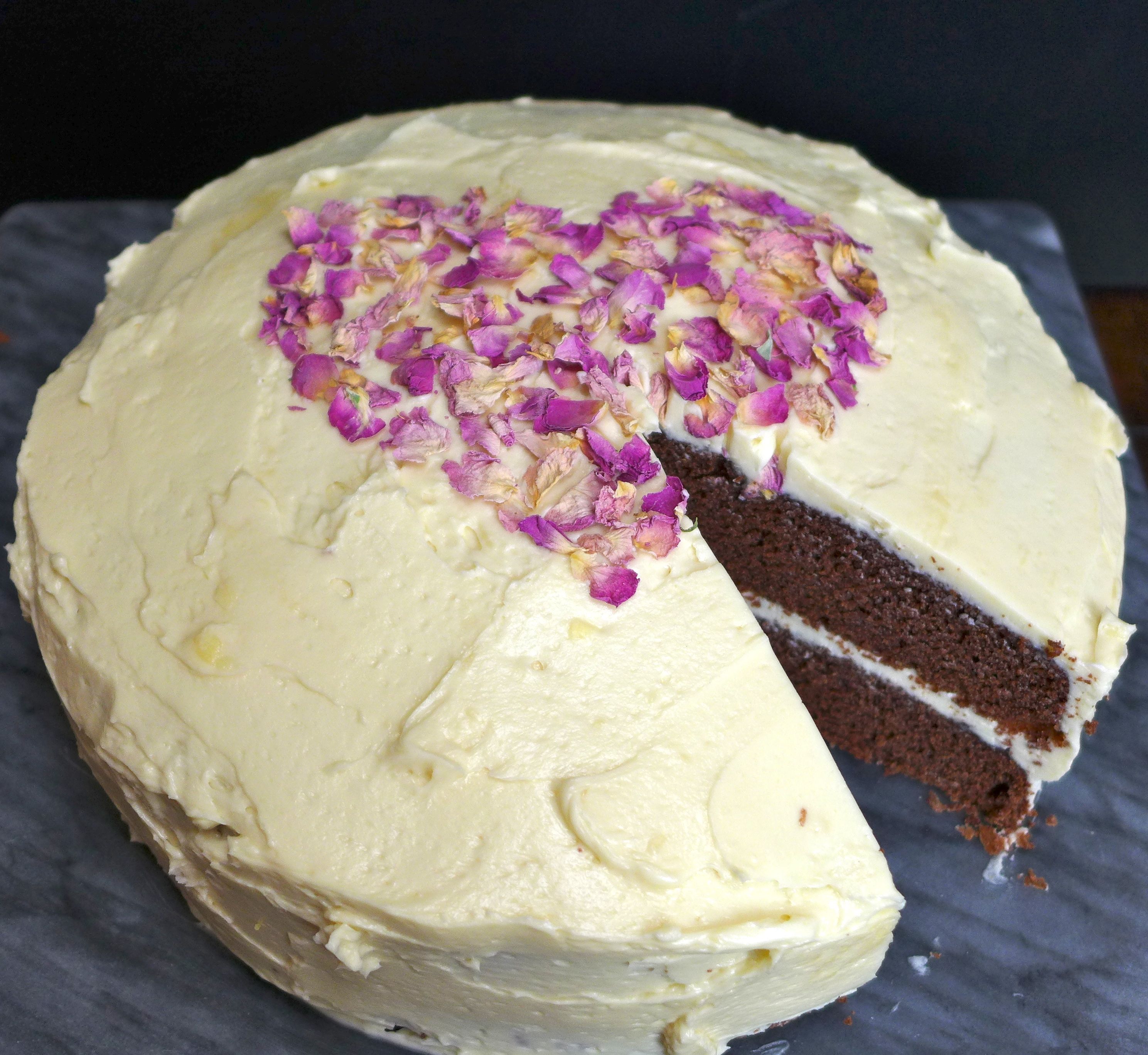 Chocolate Cake with Buttercream and Rose Petals