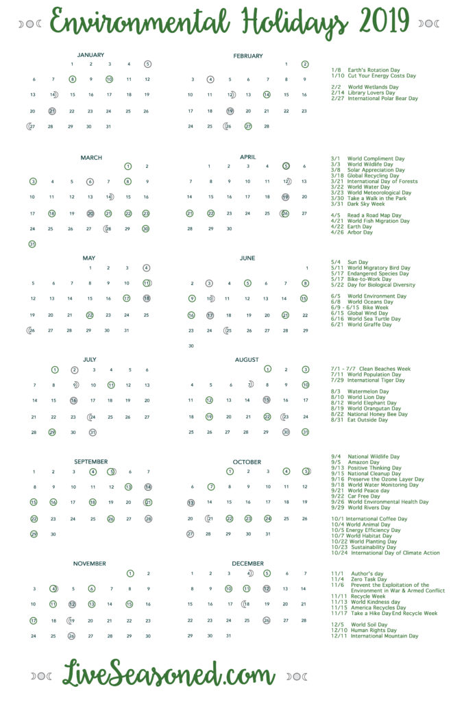 Environmental Holiday Calendar Printable